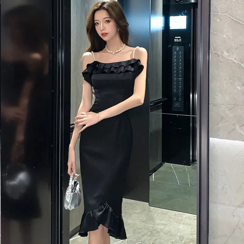 Girlary 2024 New Black Elegant Ruffled Mermaid Dress Women Fashion Chic Beading Sling Sexy Long Dress Spring Autumn Elegant Party Dress