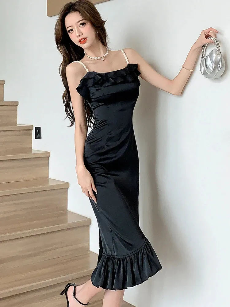 Girlary 2024 New Black Elegant Ruffled Mermaid Dress Women Fashion Chic Beading Sling Sexy Long Dress Spring Autumn Elegant Party Dress