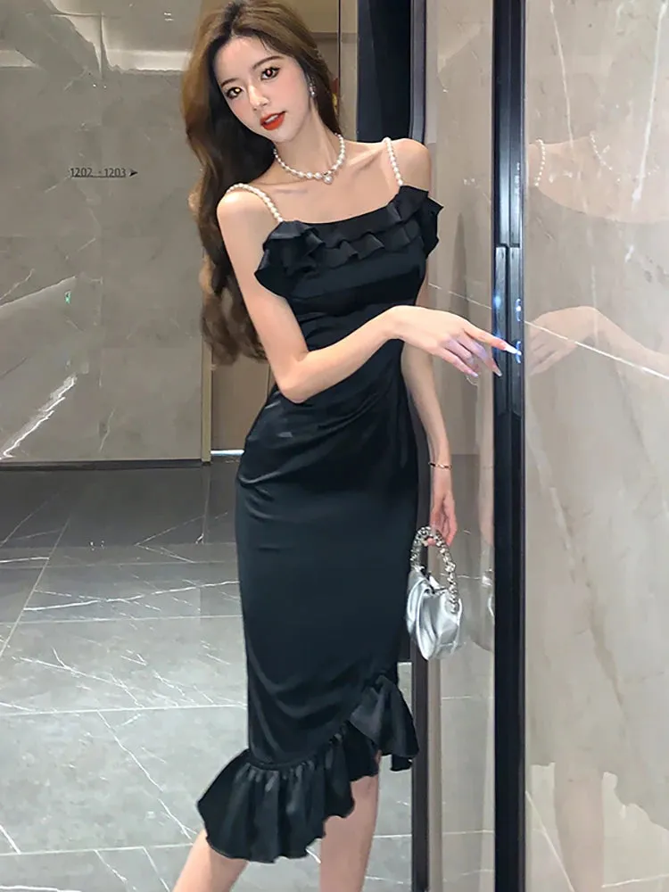 Girlary 2024 New Black Elegant Ruffled Mermaid Dress Women Fashion Chic Beading Sling Sexy Long Dress Spring Autumn Elegant Party Dress