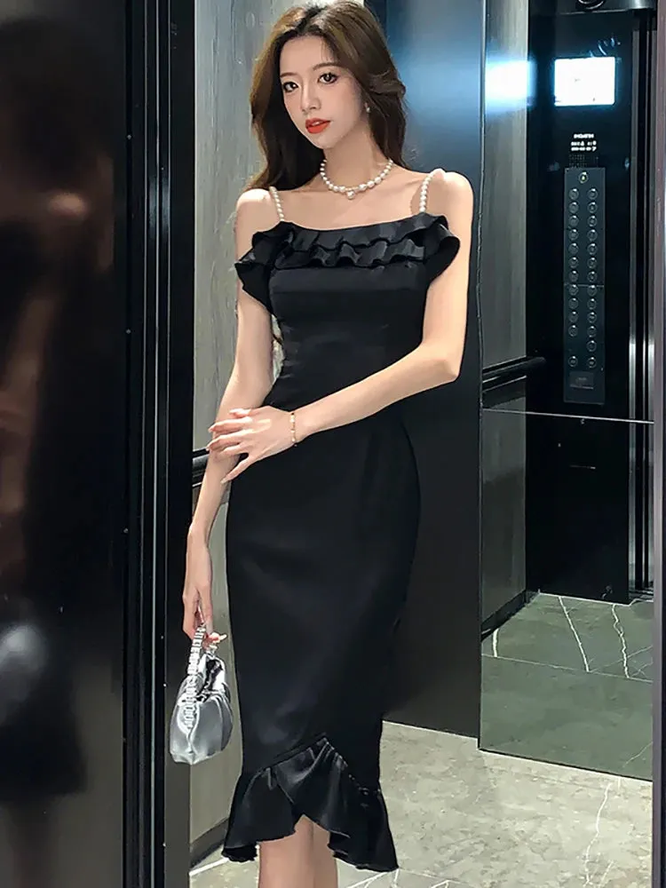 Girlary 2024 New Black Elegant Ruffled Mermaid Dress Women Fashion Chic Beading Sling Sexy Long Dress Spring Autumn Elegant Party Dress