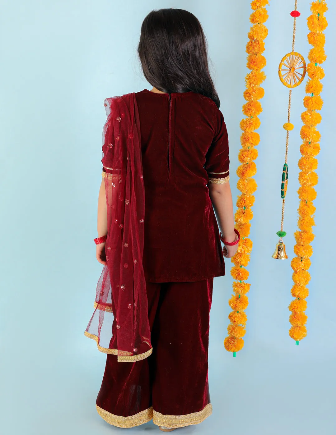 Girl's Maroon Color Velvet Sharara Set With Sequins Dupatta - KID1 Girls