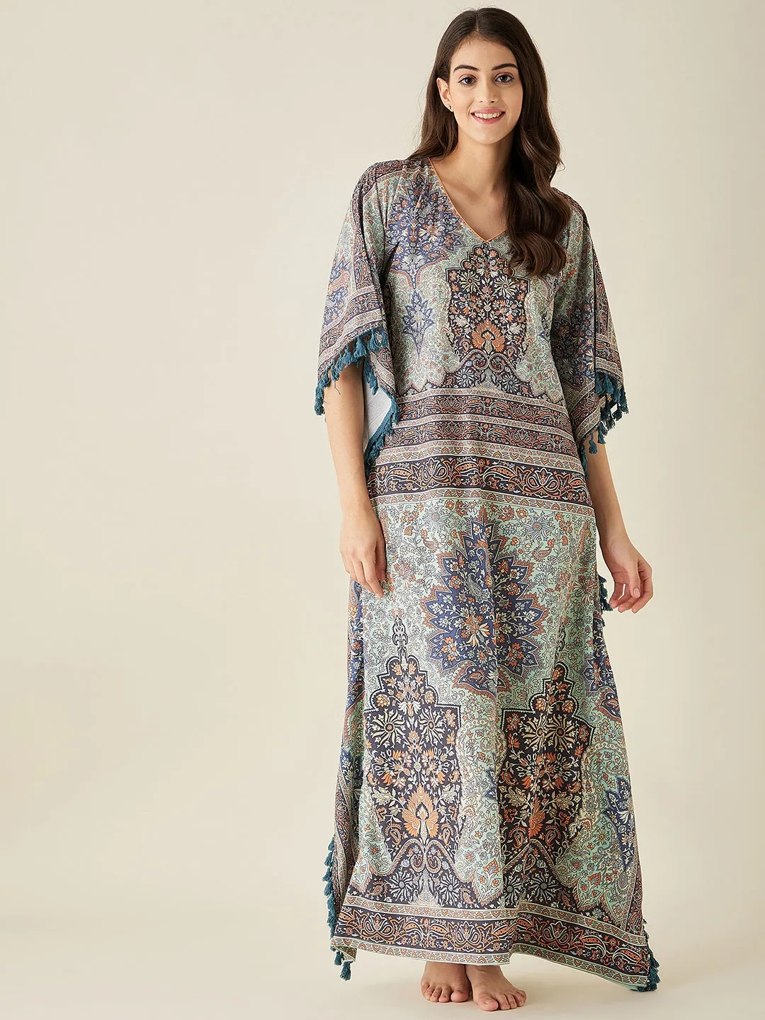 Green Floral Printed Kaftan Nightress - The Kaftan Company