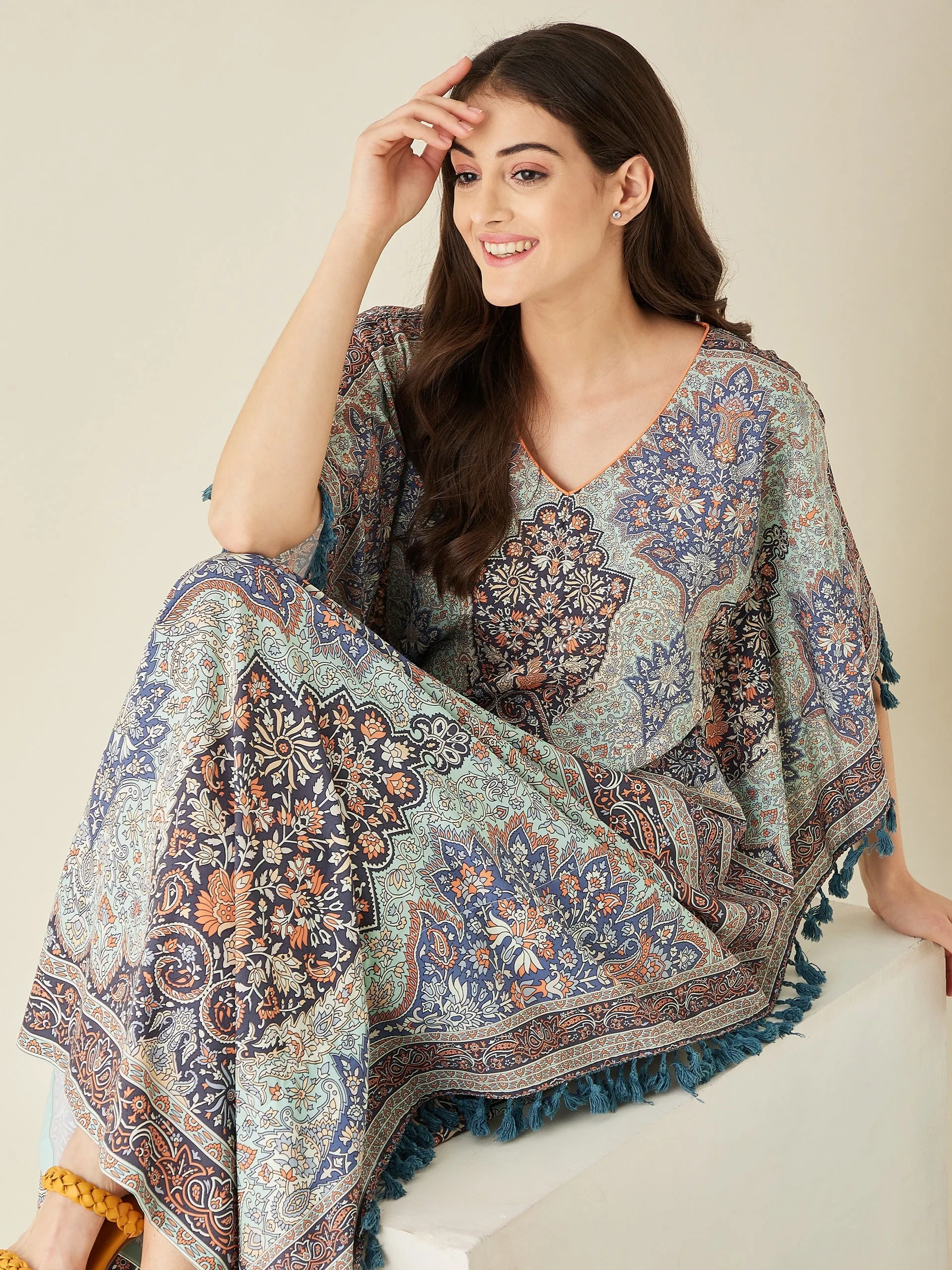 Green Floral Printed Kaftan Nightress - The Kaftan Company