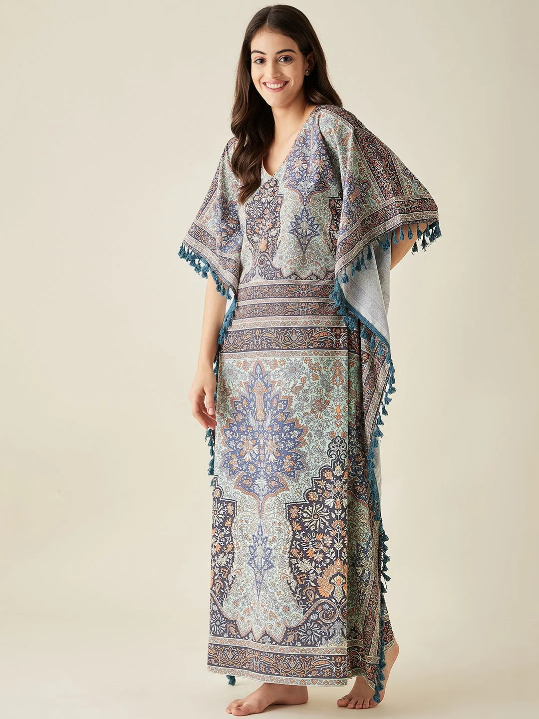 Green Floral Printed Kaftan Nightress - The Kaftan Company