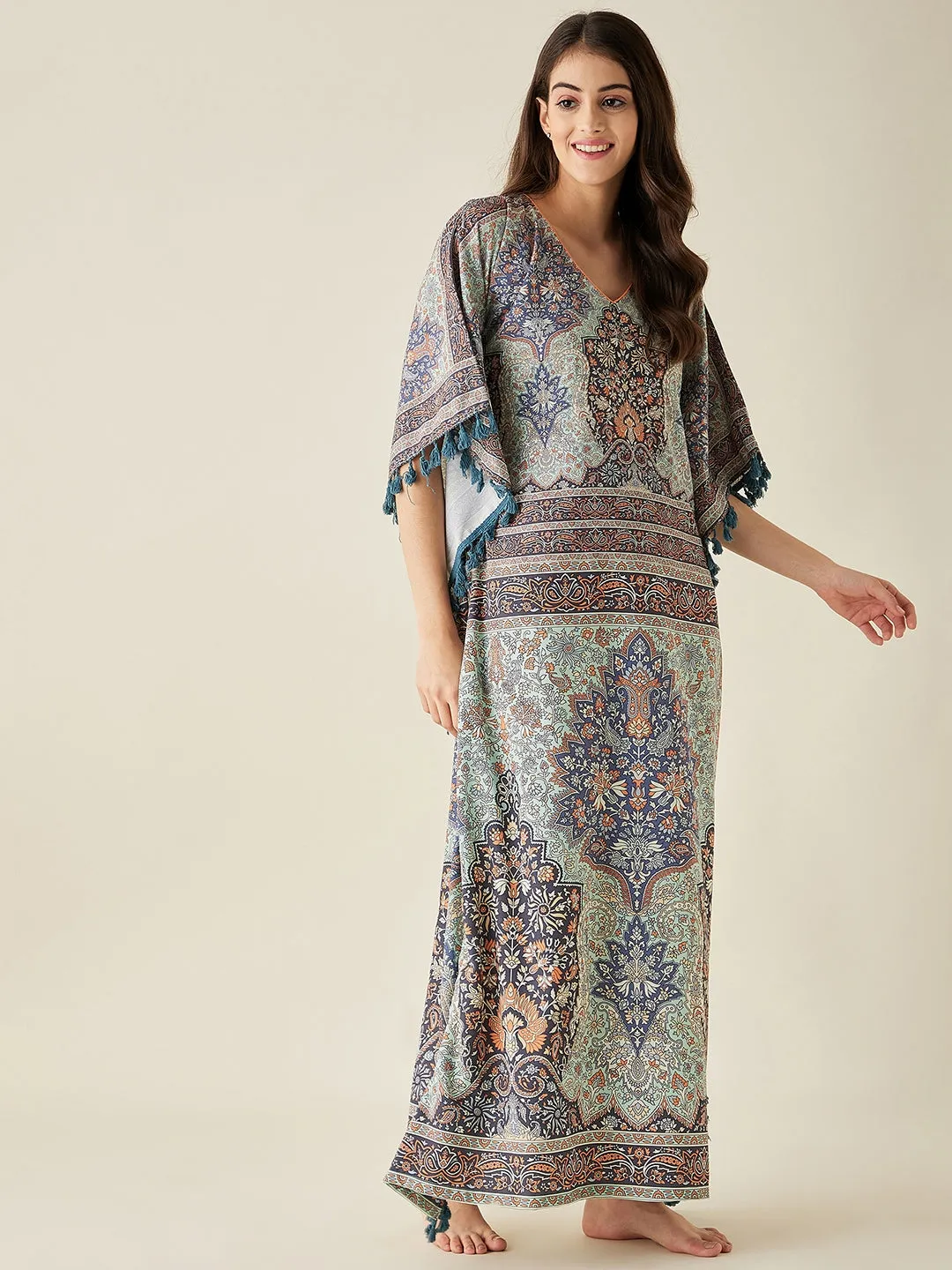 Green Floral Printed Kaftan Nightress - The Kaftan Company