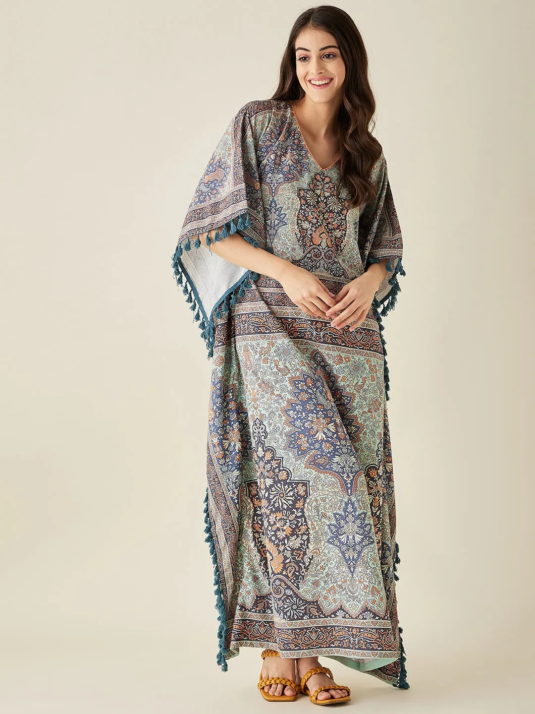 Green Floral Printed Kaftan Nightress - The Kaftan Company