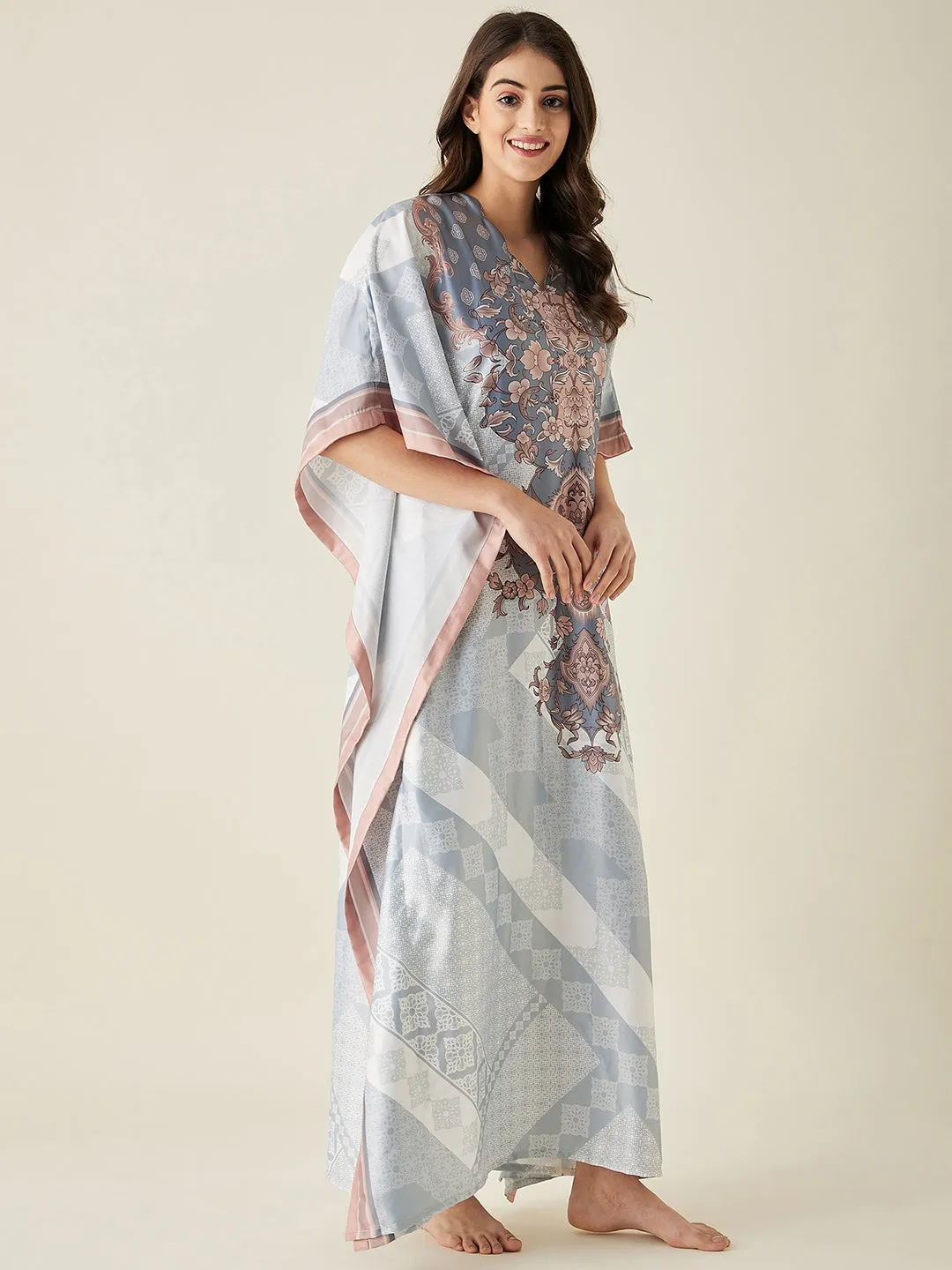 Grey Floral Printed Satin Kaftan Night Dress - The Kaftan Company