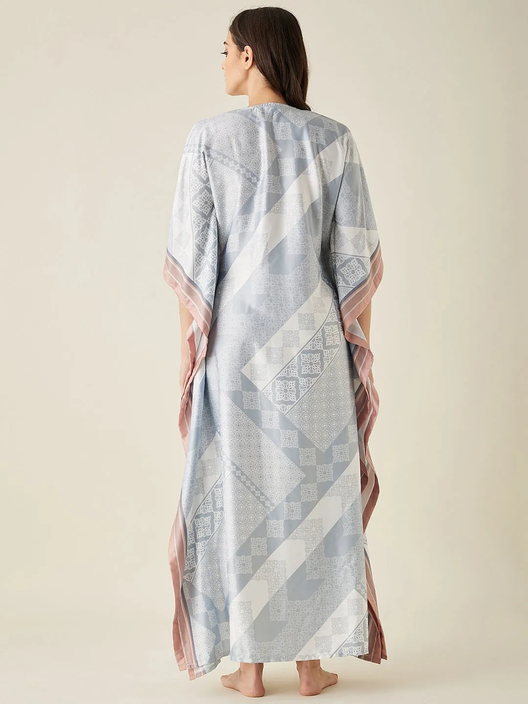 Grey Floral Printed Satin Kaftan Night Dress - The Kaftan Company