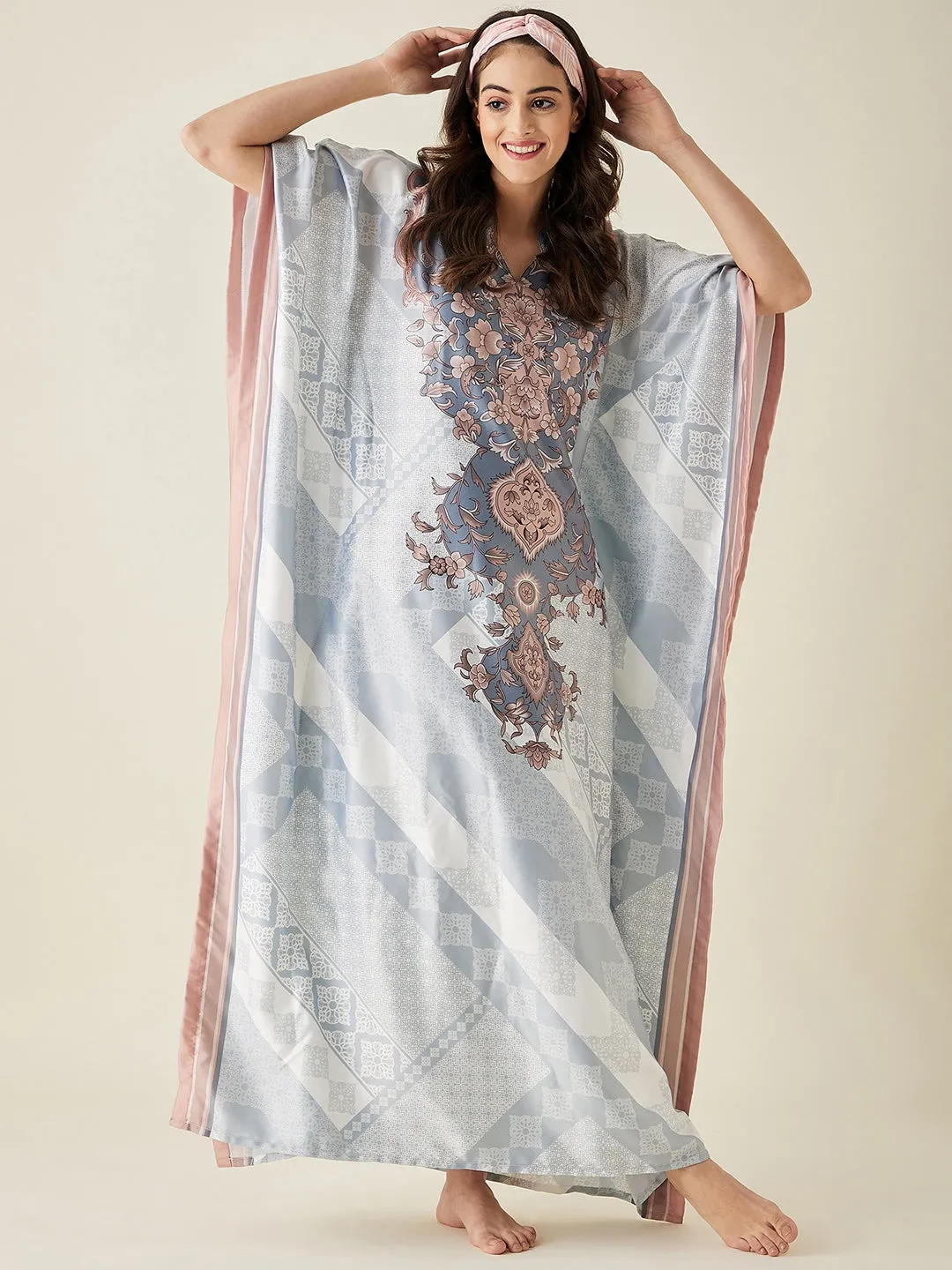 Grey Floral Printed Satin Kaftan Night Dress - The Kaftan Company