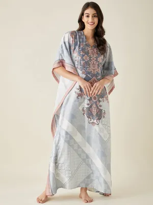 Grey Floral Printed Satin Kaftan Night Dress - The Kaftan Company