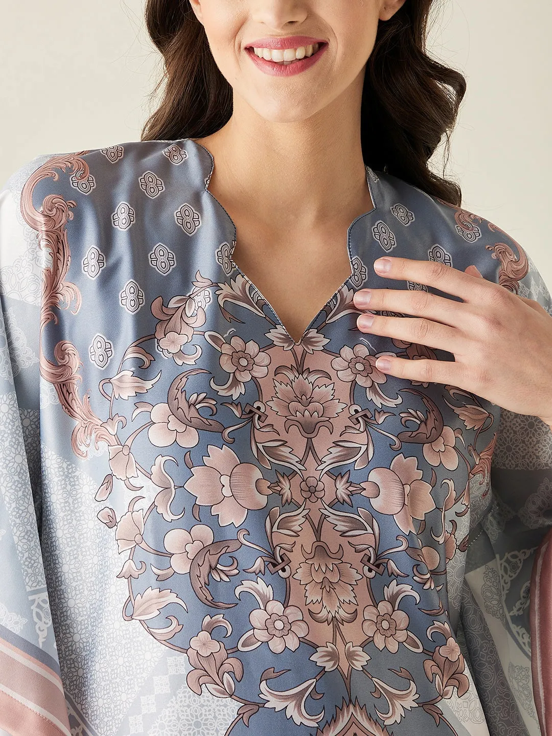 Grey Floral Printed Satin Kaftan Night Dress - The Kaftan Company