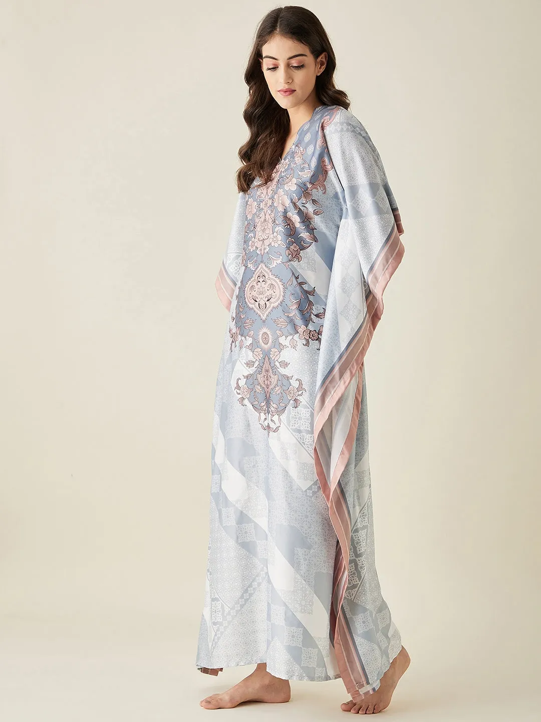 Grey Floral Printed Satin Kaftan Night Dress - The Kaftan Company