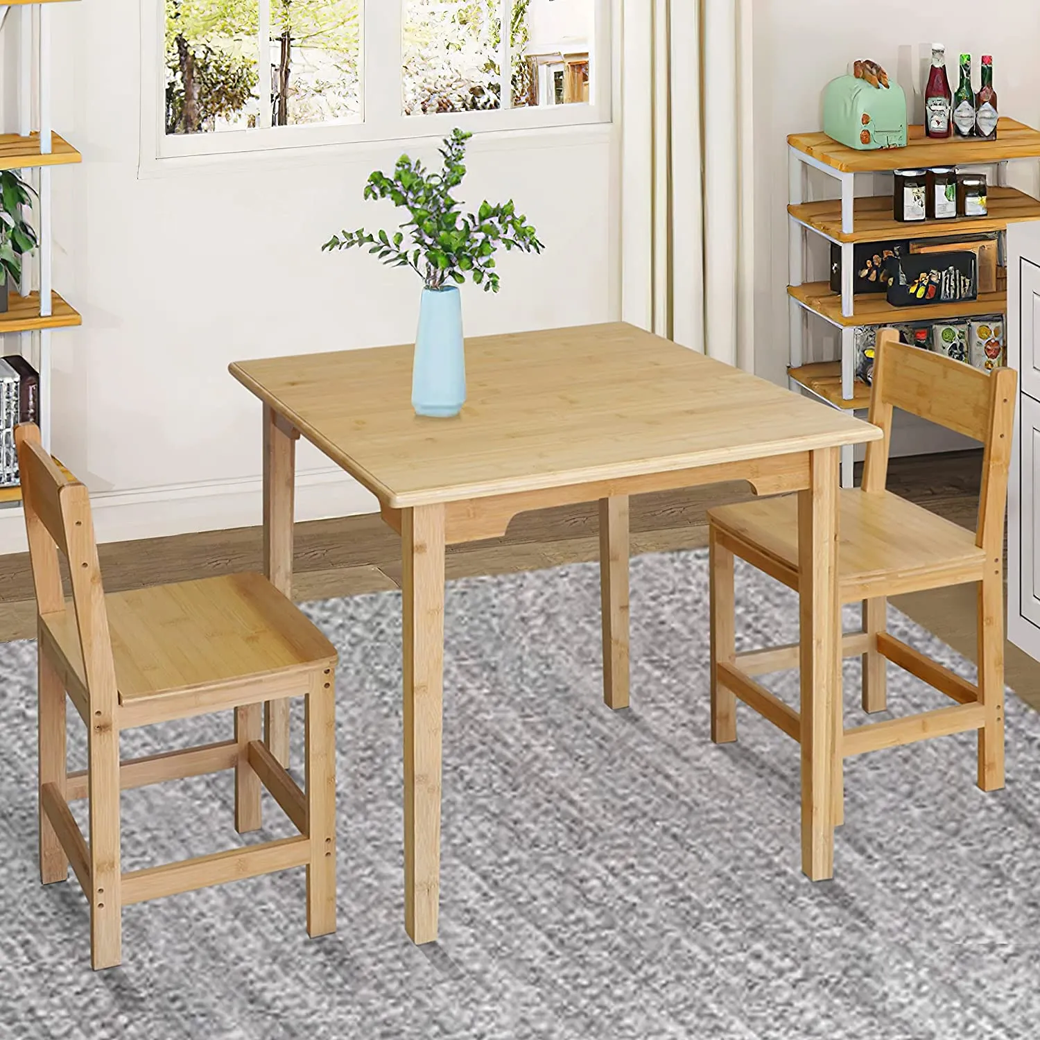 ITEM# 0070   3-Piece Dining Set Bamboo of Square Dining Table and Chairs for 2-Person, Kitchen Table Set with 2 Chairs for Dining Room Small Spaces, Natural