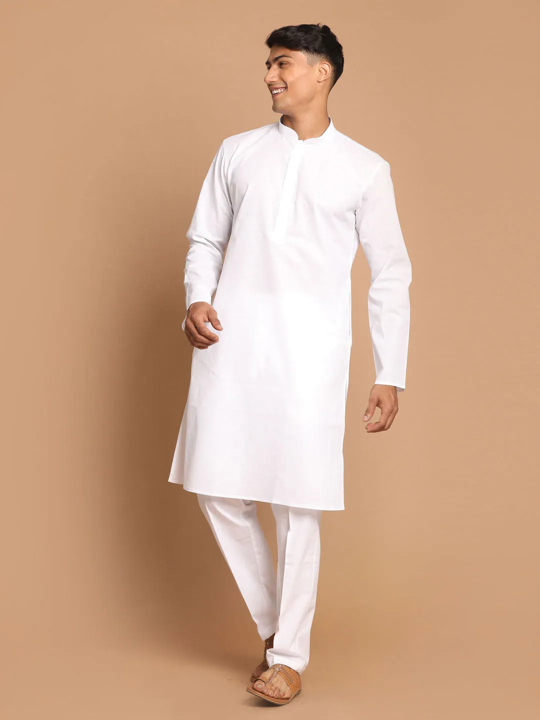 Jashvi Men's White Kurta And Pant style Cotton Pajama Set