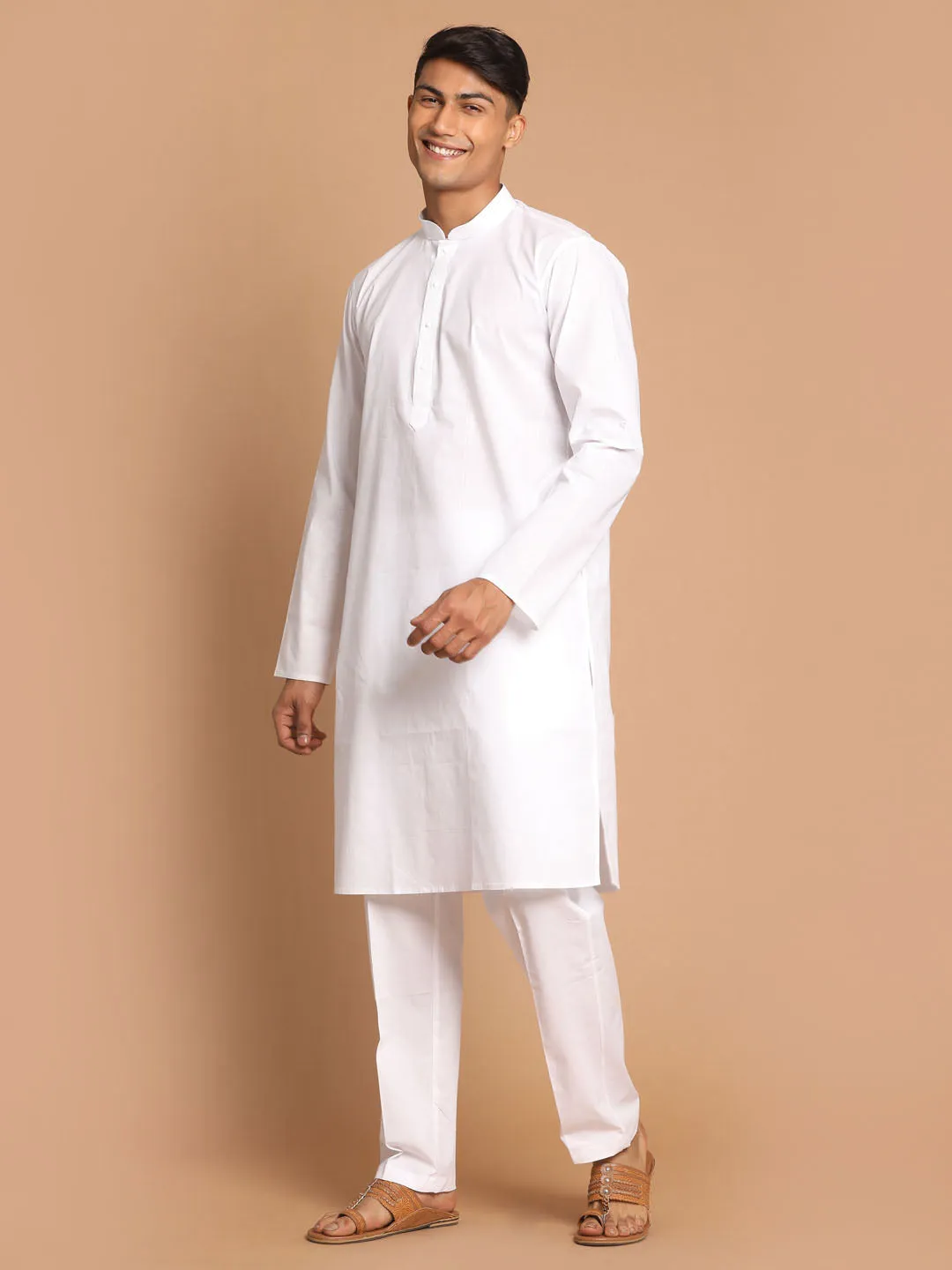 Jashvi Men's White Kurta And Pant style Cotton Pajama Set