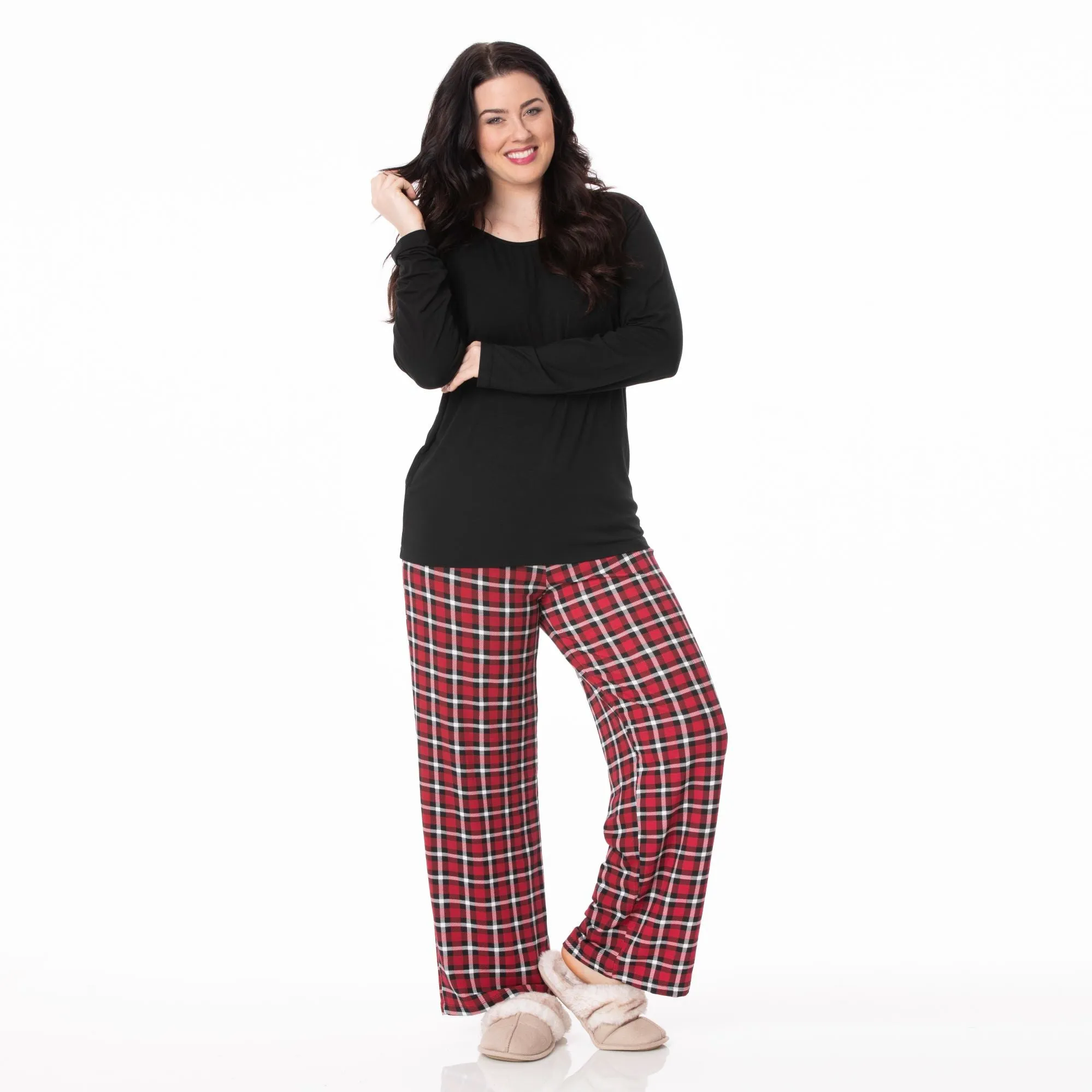 KicKee Pants Crimson 2020 Holiday Plaid Women's L/S Loosey Goosey Tee & Pant Set