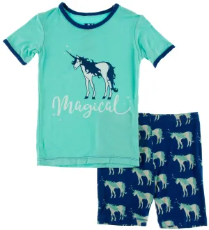 KicKee Pants Flag Blue Unicorns Piece Print S/S Pajama Set with Shorts