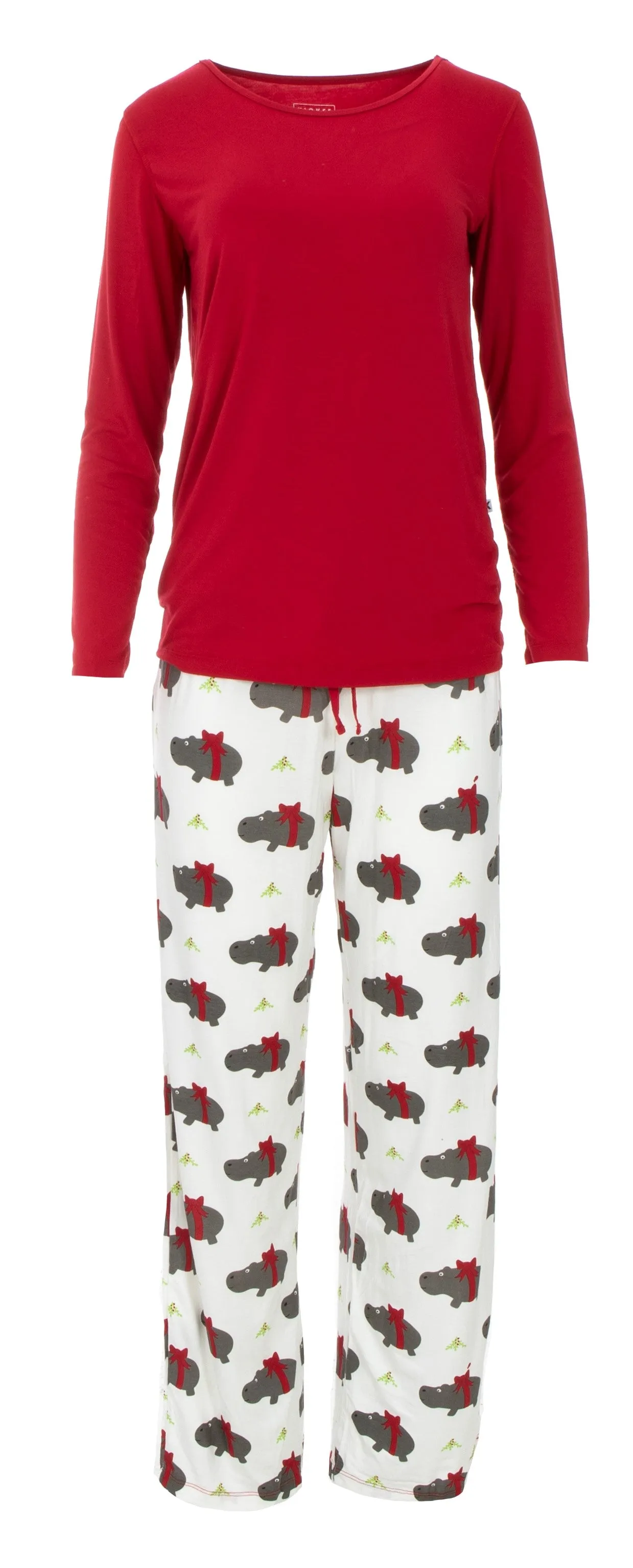 KicKee Pants Natural Christmas Hippo Women's L/S Loosey Goosey Tee & Pant Set