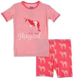 KicKee Pants Red Ginger Unicorns Piece Print S/S Pajama Set with Shorts