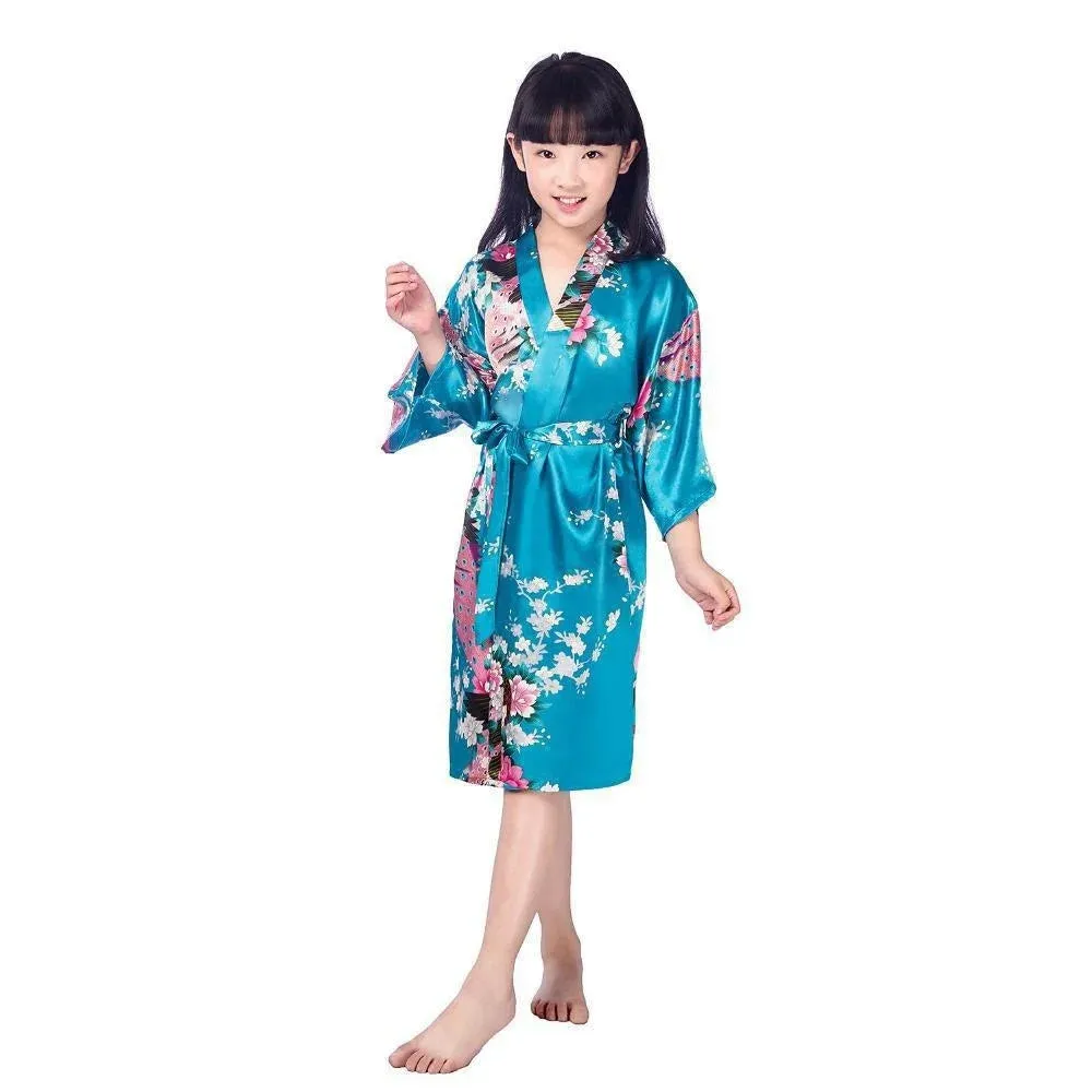 Kids Satin Floral Kimono Robe Flower Girl Peacock Bath Robes for Wedding Spa Party Gifts Bridal Lingerie Sleepwear Bathrobe