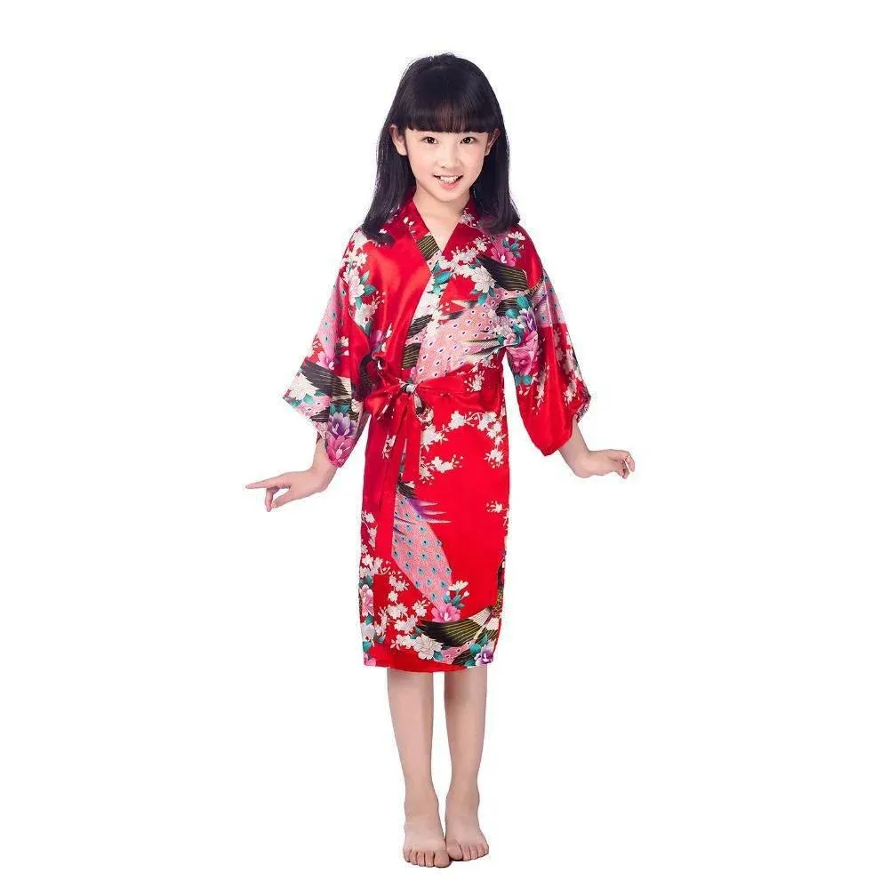 Kids Satin Floral Kimono Robe Flower Girl Peacock Bath Robes for Wedding Spa Party Gifts Bridal Lingerie Sleepwear Bathrobe