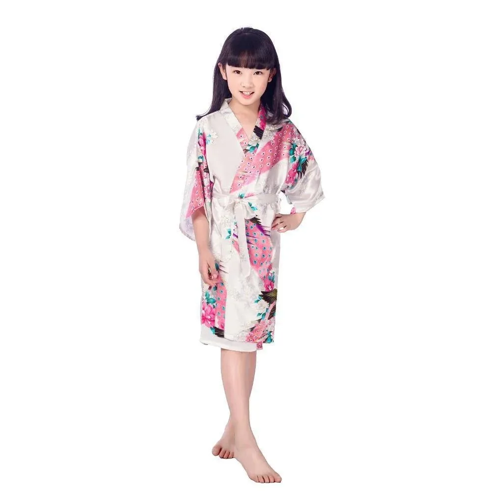 Kids Satin Floral Kimono Robe Flower Girl Peacock Bath Robes for Wedding Spa Party Gifts Bridal Lingerie Sleepwear Bathrobe