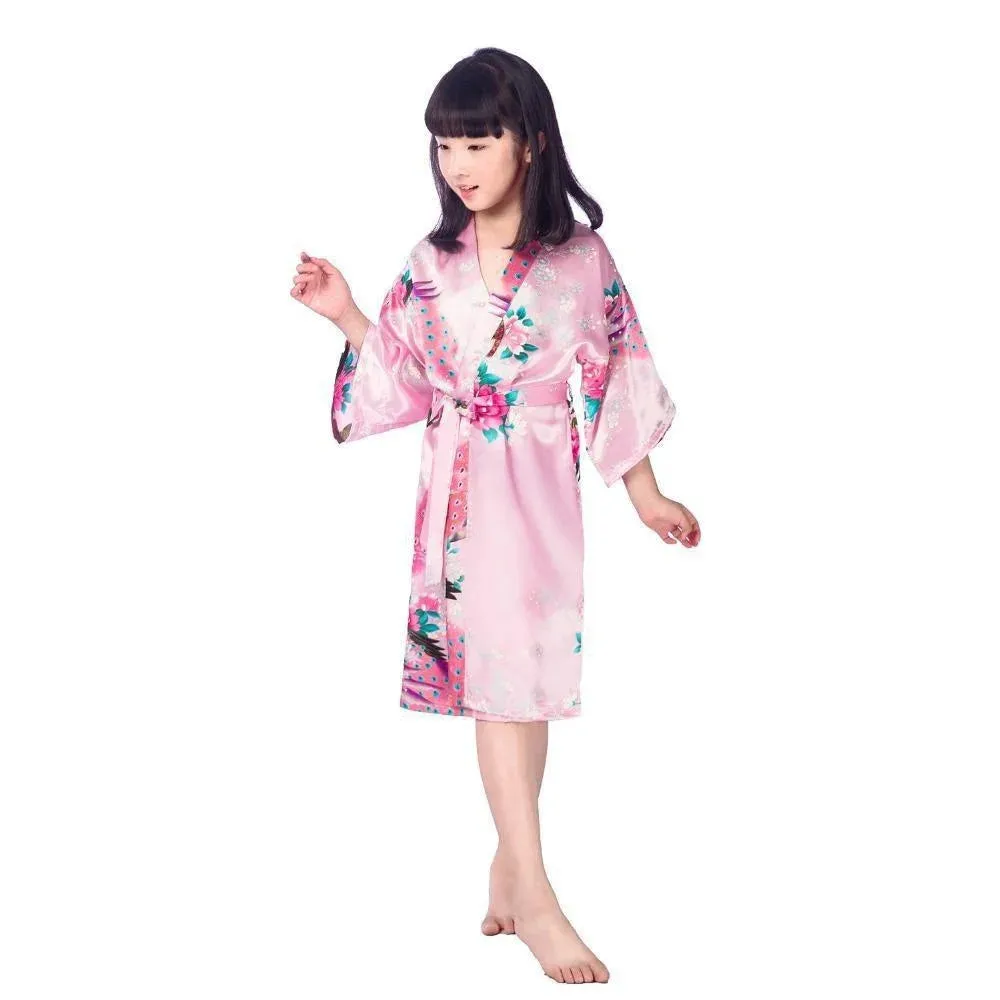 Kids Satin Floral Kimono Robe Flower Girl Peacock Bath Robes for Wedding Spa Party Gifts Bridal Lingerie Sleepwear Bathrobe