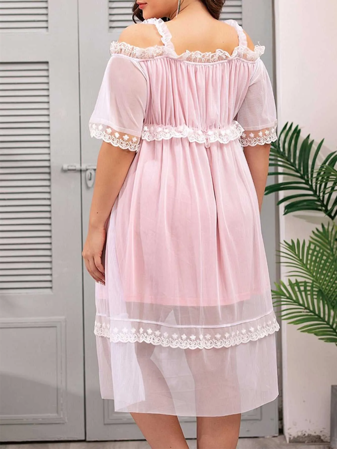 KittenAlarm - Plus Size Mesh V-neck Lace Sheer Lounge Wear Short Sleeve Nightdress