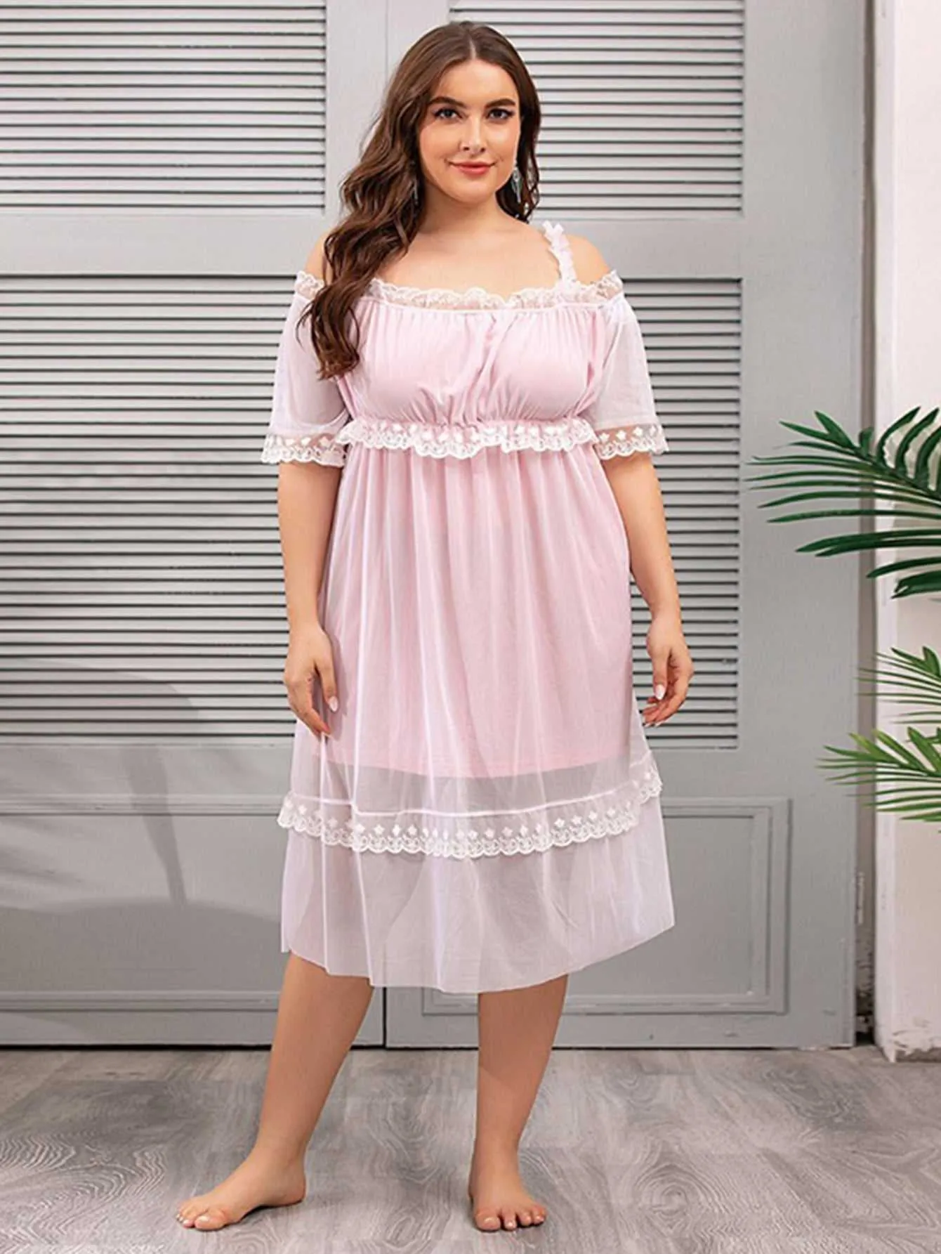 KittenAlarm - Plus Size Mesh V-neck Lace Sheer Lounge Wear Short Sleeve Nightdress