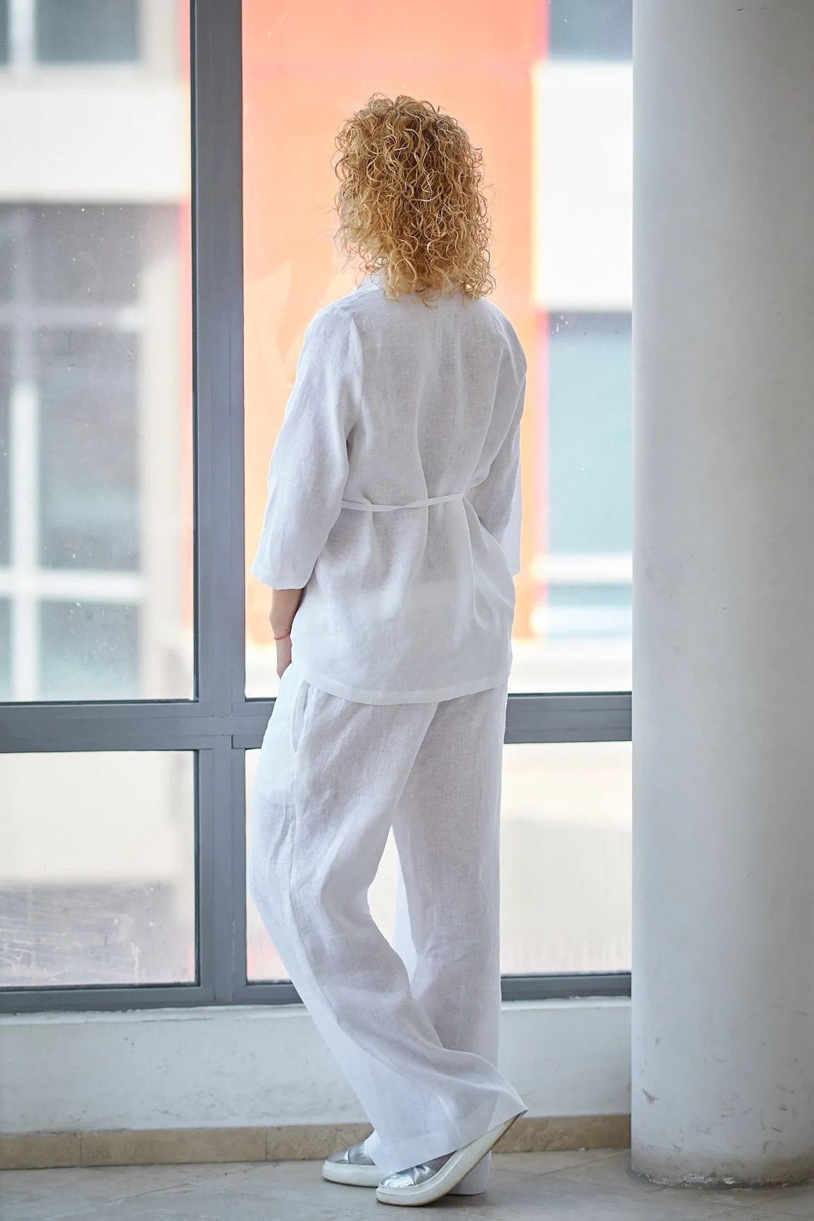 Linen Wrap Shirt & Drawstring Pants Set