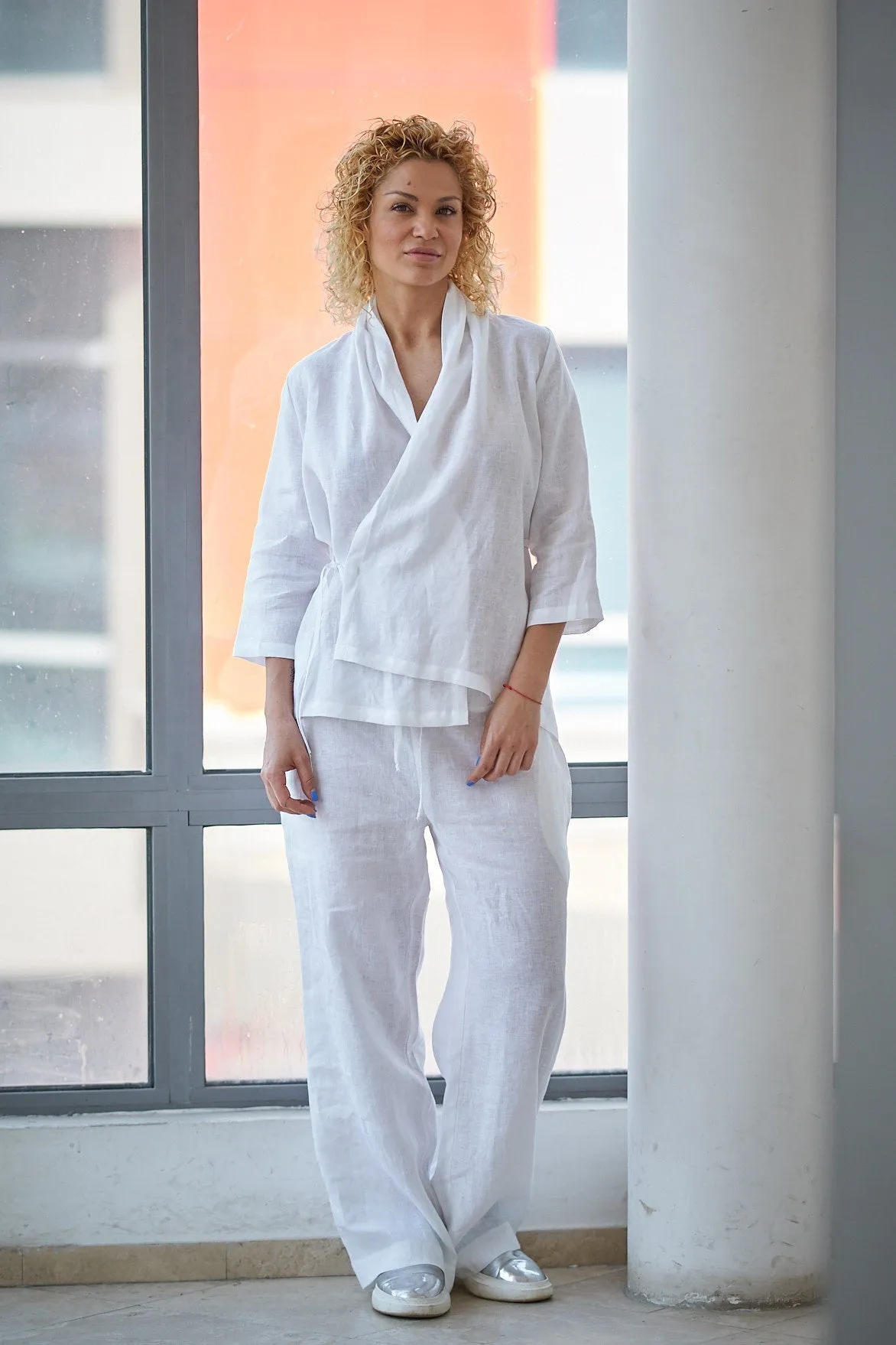 Linen Wrap Shirt & Drawstring Pants Set