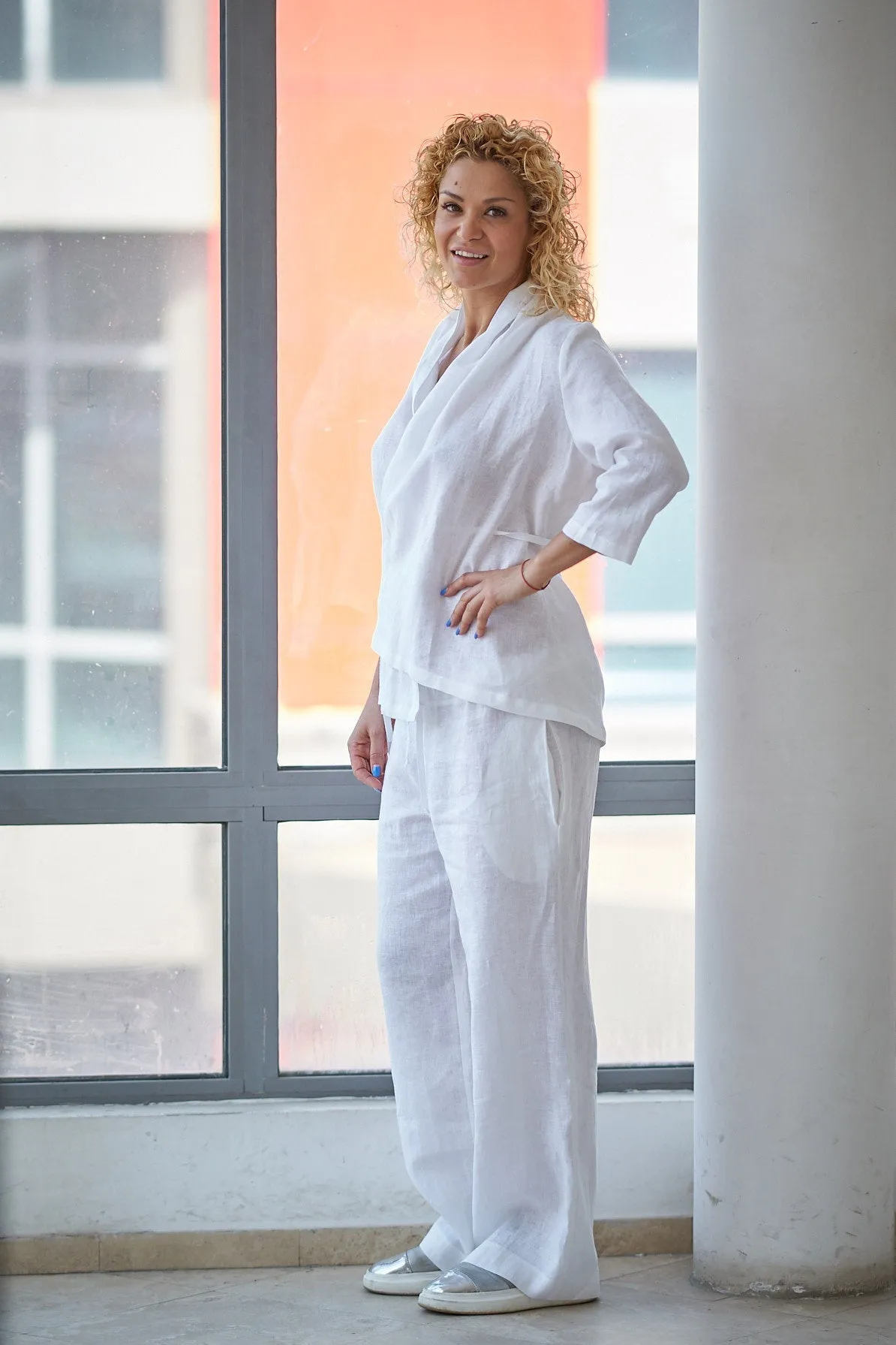 Linen Wrap Shirt & Drawstring Pants Set