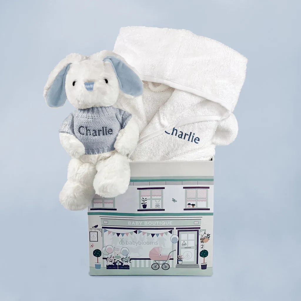 Little Bunny and Bathrobe Hamper, Blue - 0-12 Months with White Personalised Bathrobe