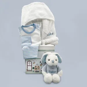 Little Bunny Bath and Bedtime Hamper, Blue - 6-12 Months with White Personalised Bathrobe