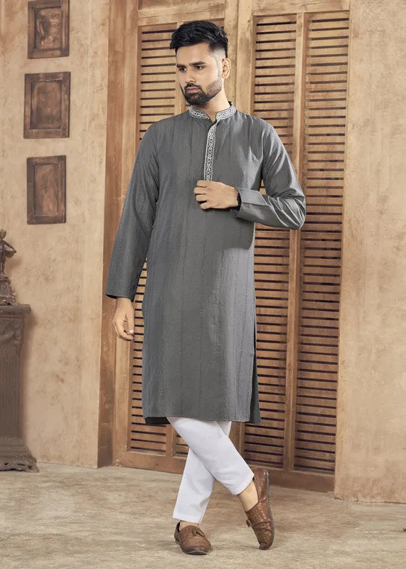 Men's Grey Viscose Embroidered Party Wear Kurta With Pajama  Men (Stitched ) - Aastha Fashion Men