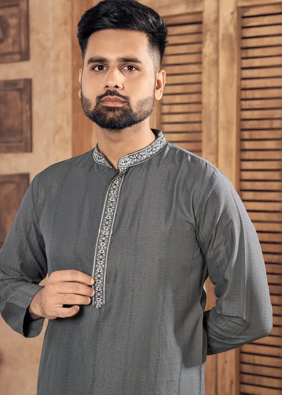 Men's Grey Viscose Embroidered Party Wear Kurta With Pajama  Men (Stitched ) - Aastha Fashion Men