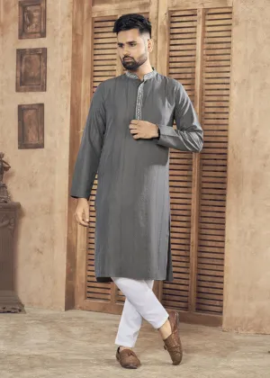 Men's Grey Viscose Embroidered Party Wear Kurta With Pajama  Men (Stitched ) - Aastha Fashion Men