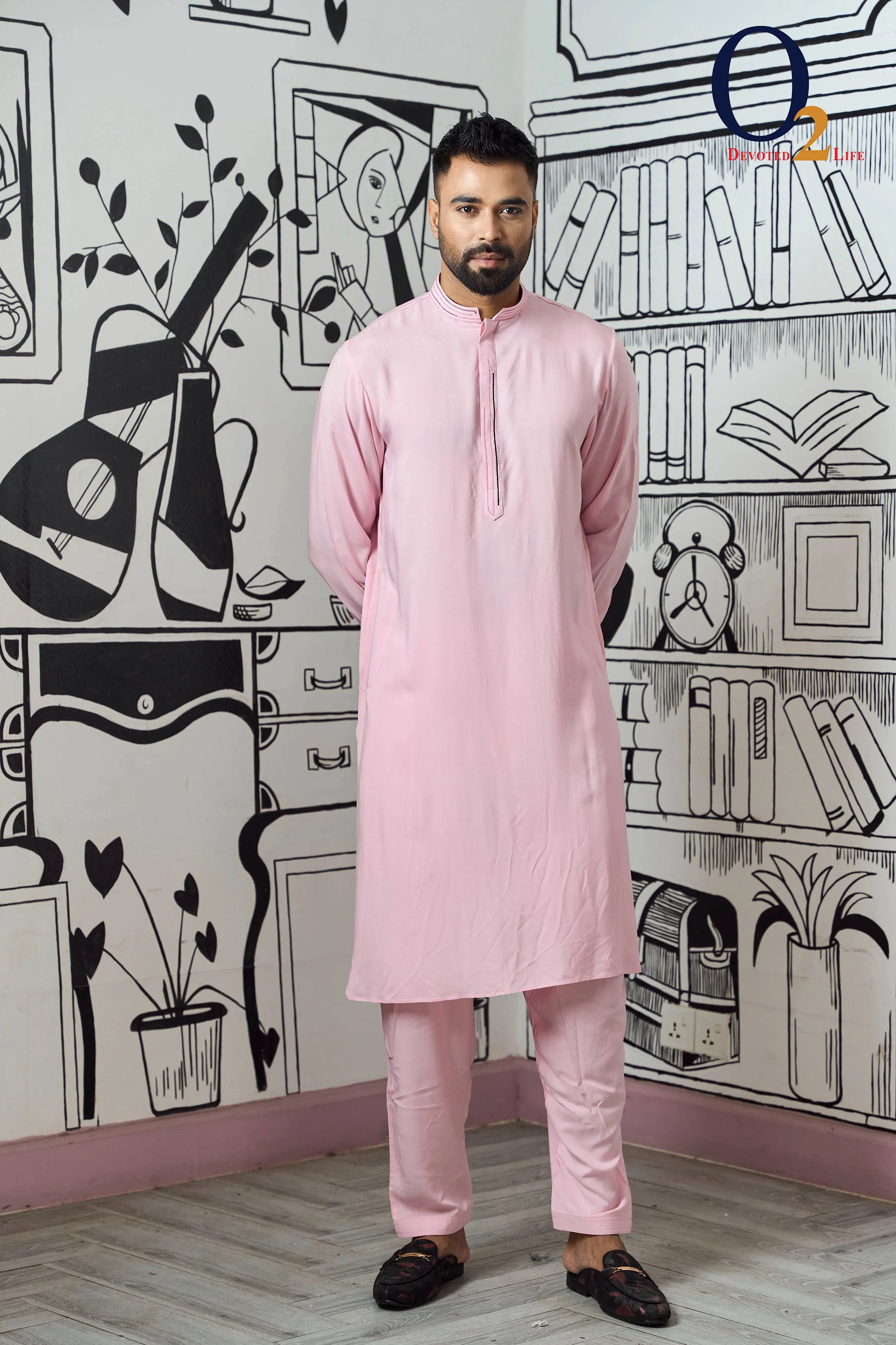 Men's Premium Linen Regular Fit Kabli Set in Pink