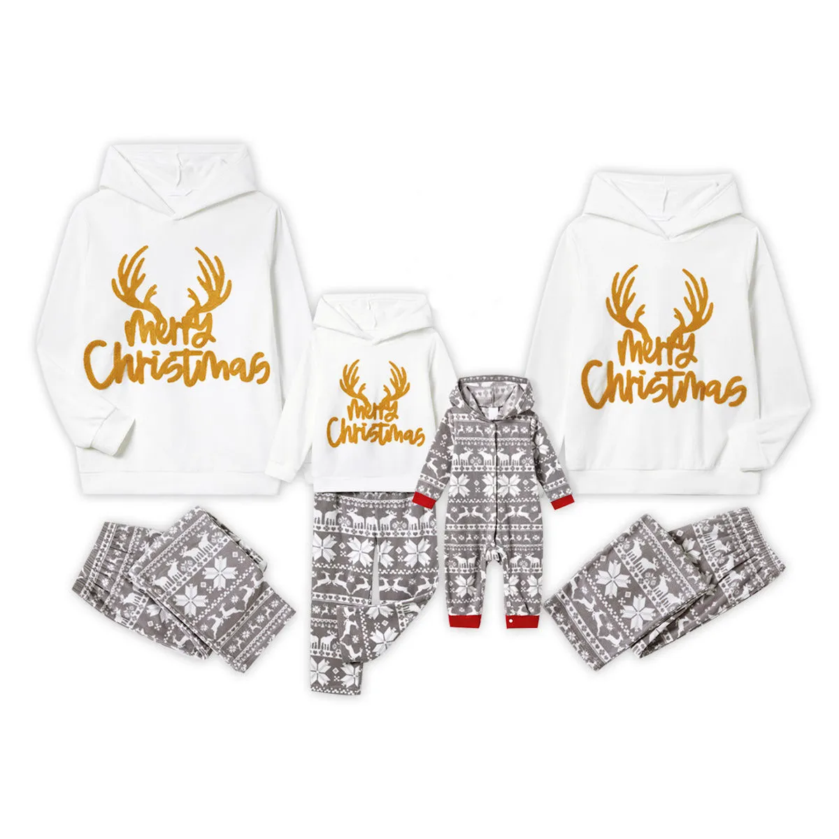 Merry Christmas Hooded Family Christmas Pajamas Reindeer Grey Pajama Pants