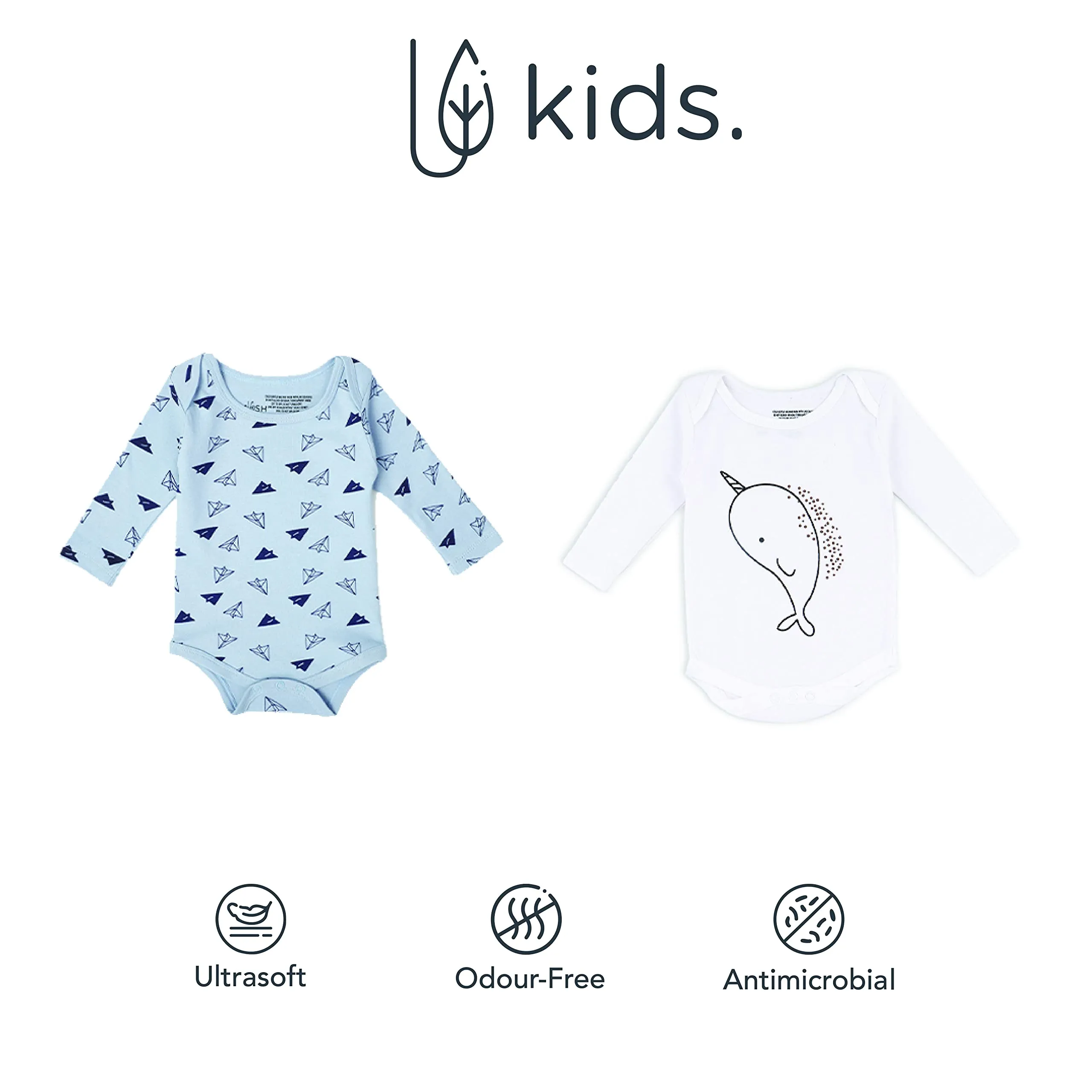 Mush Ultra Soft Bamboo Unisex Bodysuit Combo Set for New Born Baby/Kids Pack of 2, (0-3 Months, Aeroplane & Marine Life)