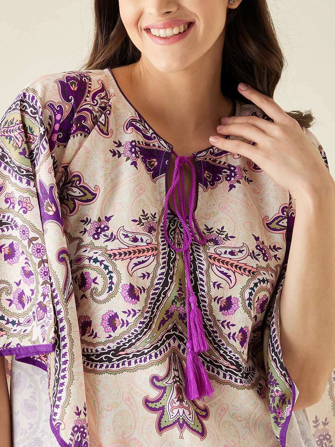 Off-White And Purple Paisley Printed Kaftan Nightdress - The Kaftan Company