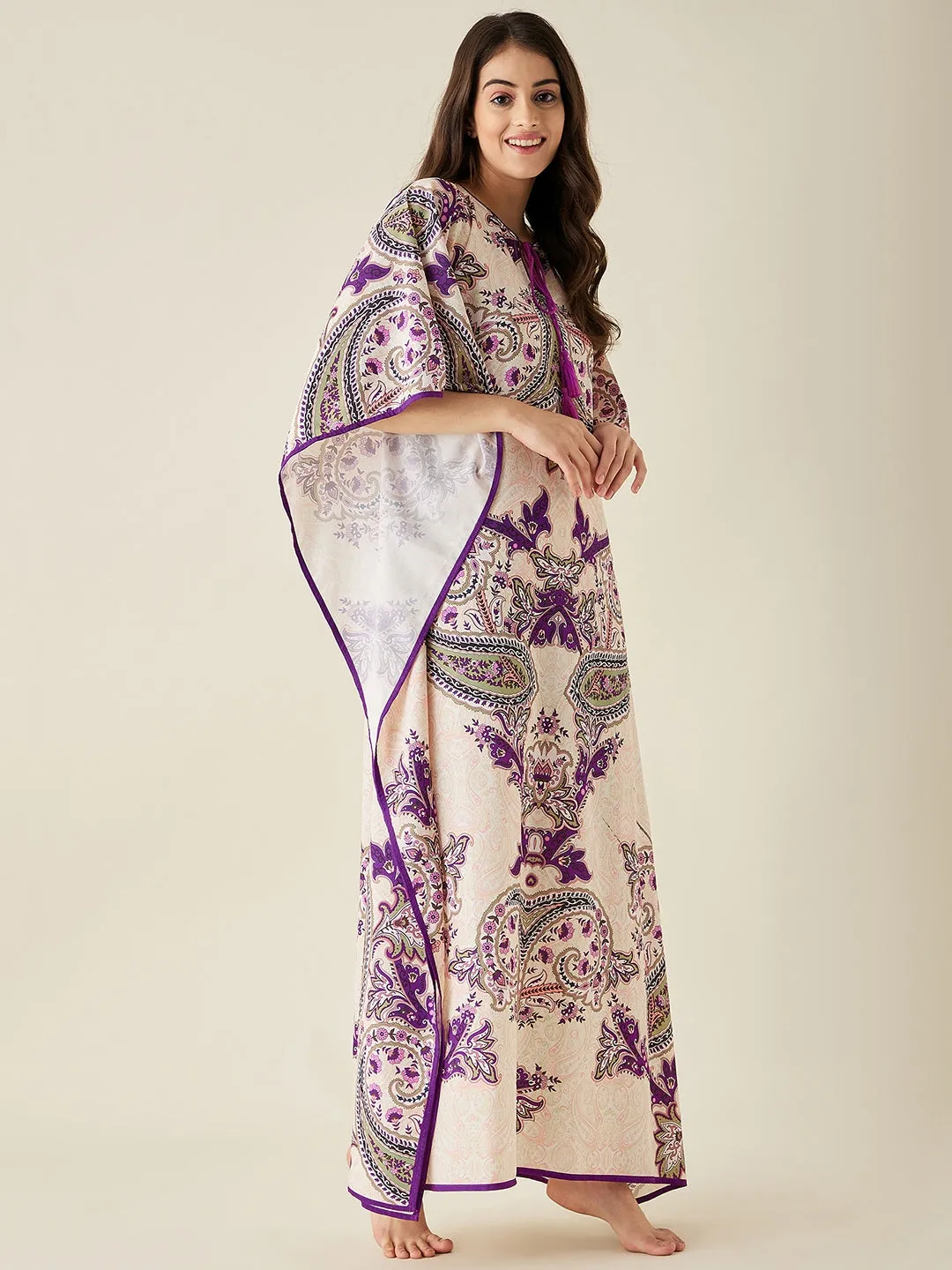 Off-White And Purple Paisley Printed Kaftan Nightdress - The Kaftan Company