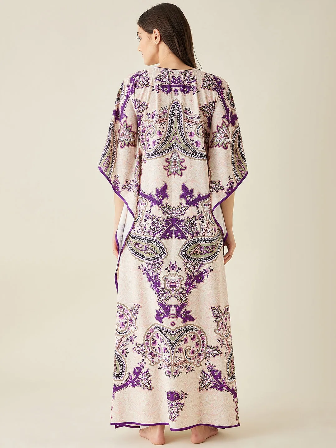 Off-White And Purple Paisley Printed Kaftan Nightdress - The Kaftan Company