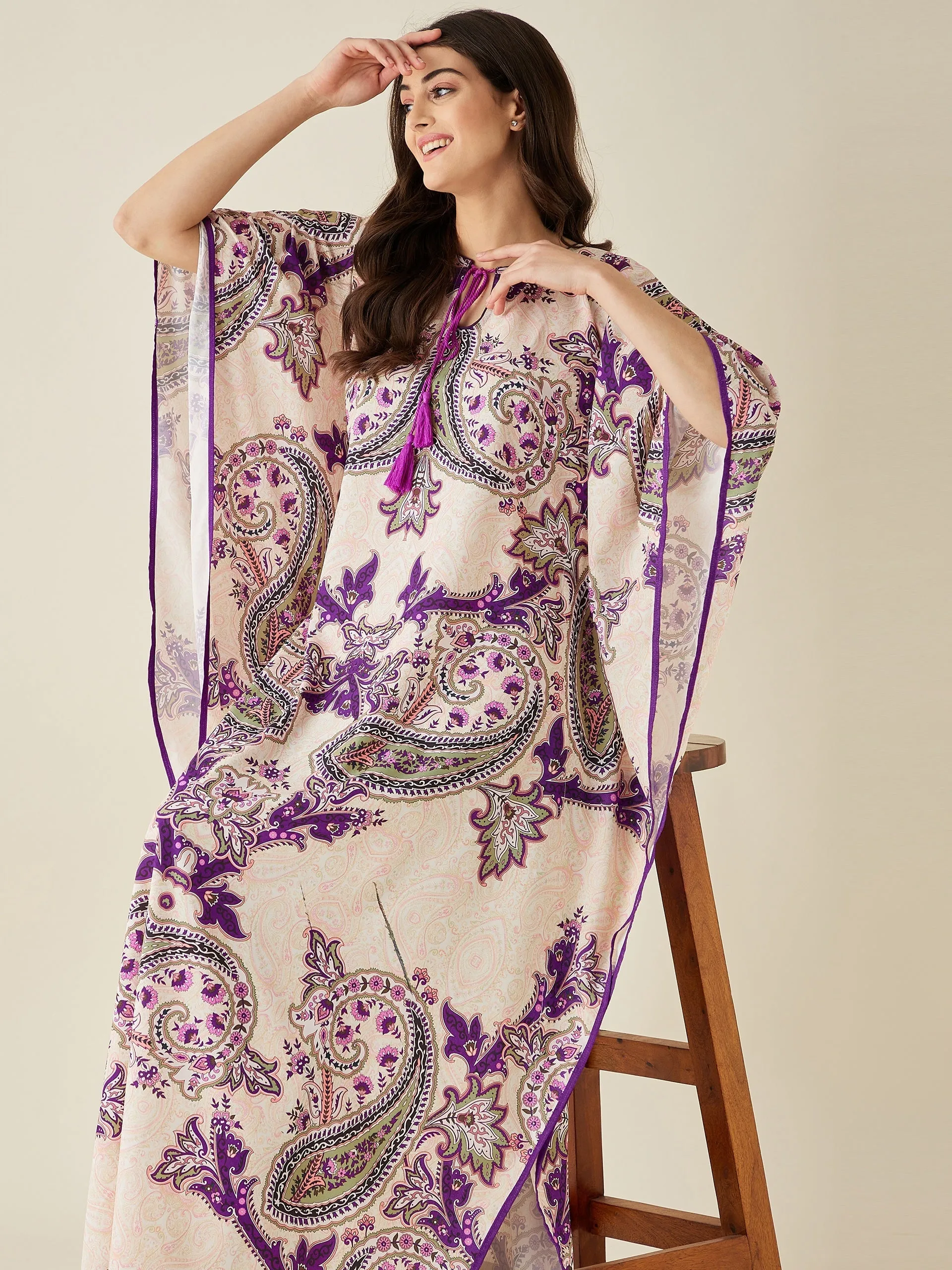 Off-White And Purple Paisley Printed Kaftan Nightdress - The Kaftan Company