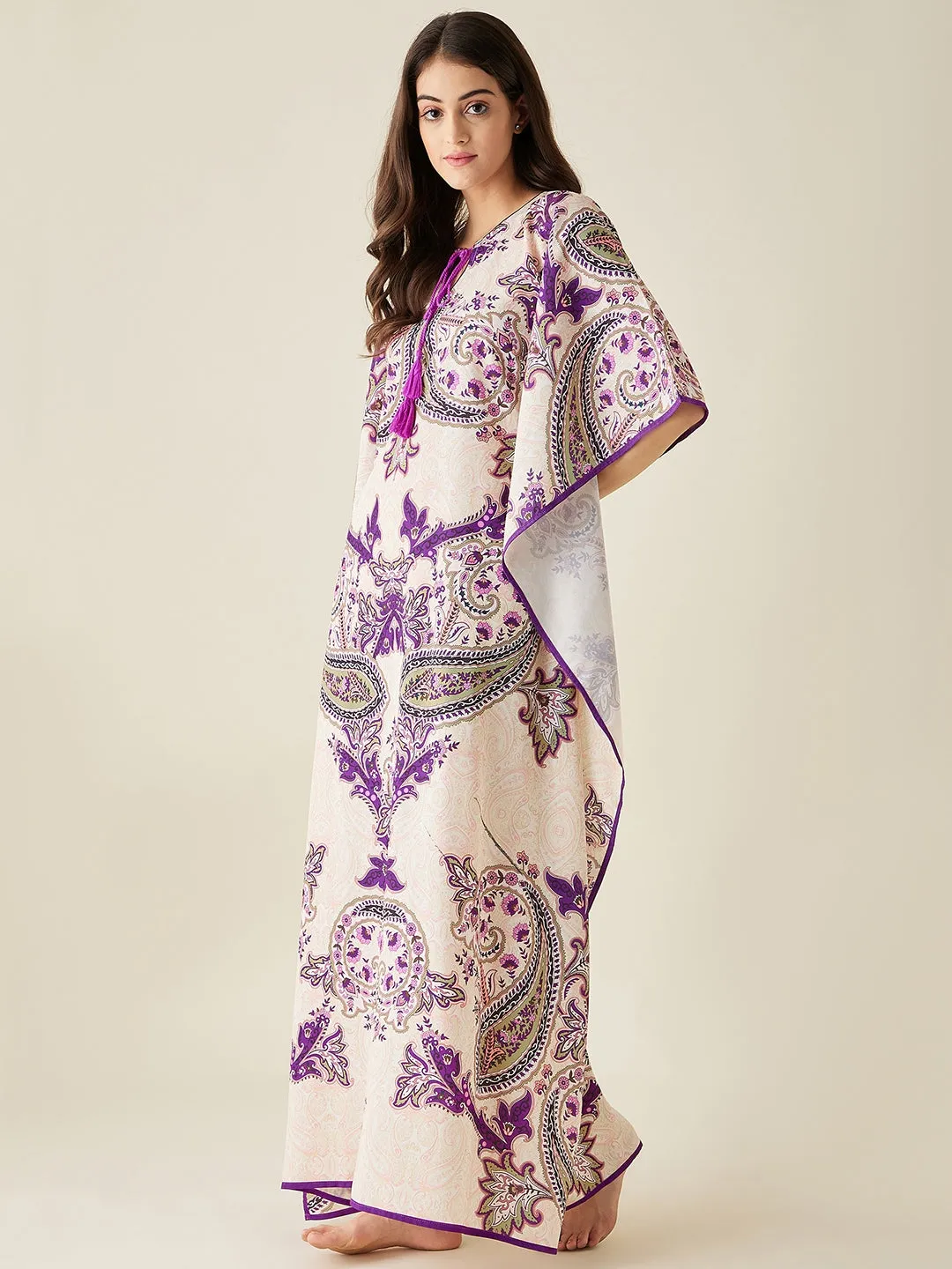 Off-White And Purple Paisley Printed Kaftan Nightdress - The Kaftan Company