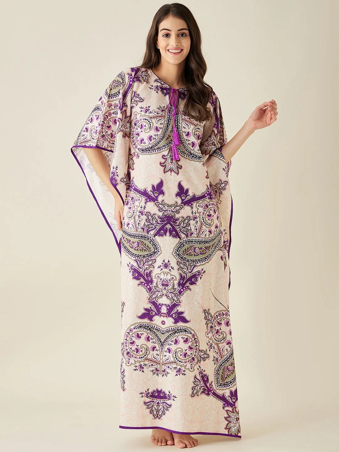 Off-White And Purple Paisley Printed Kaftan Nightdress - The Kaftan Company