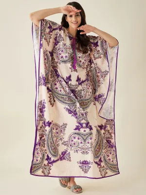 Off-White And Purple Paisley Printed Kaftan Nightdress - The Kaftan Company