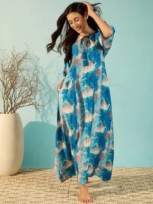 Painted Blue Elegant Modal Nightdress For Women