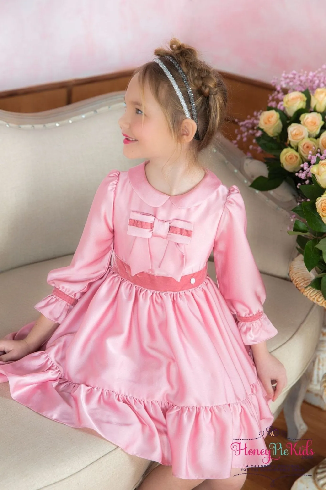 Patachou Girls Georgette Pink Satin & Velvet Bow Dress