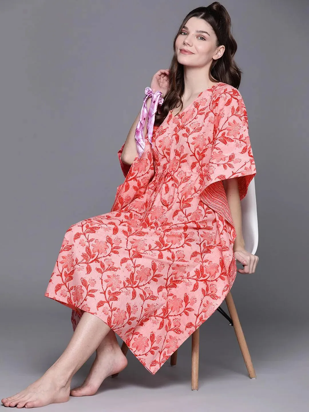 Pink Cotton Printed Kaftan Nightdress